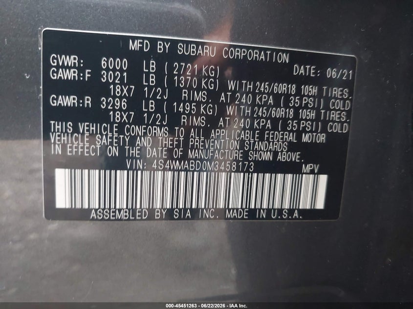 2021 Subaru Ascent VIN 4S4WMABD0M3458173 IAAI salvage auction — NORMAL WEAR, Sf97 (New Jersey), sold $11,300 on 2026-07-21 (photo 9)