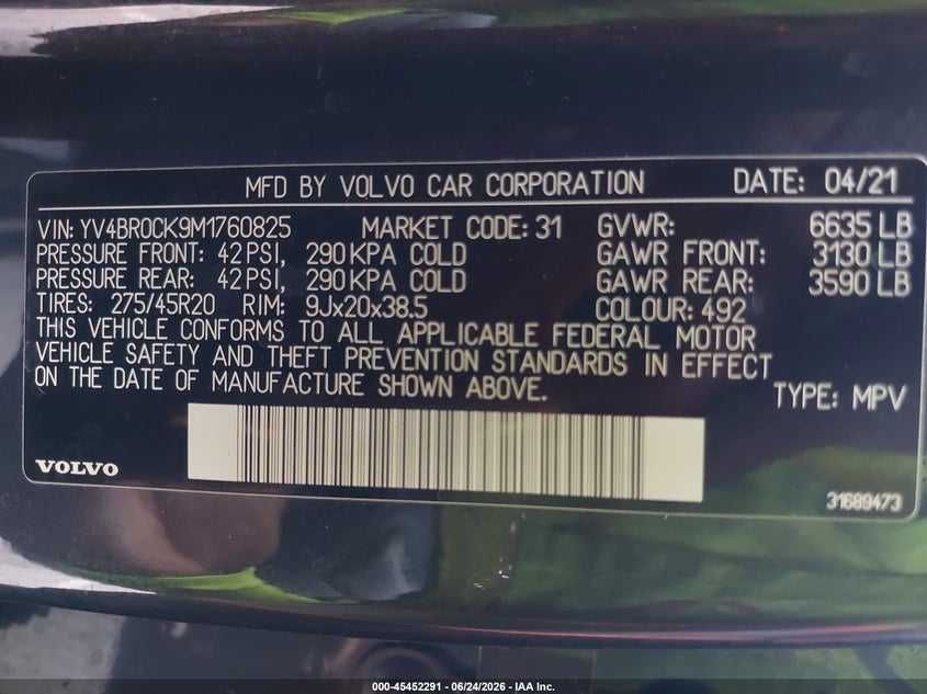 2021 Volvo Xc90 VIN YV4BR0CK9M1760825 IAAI salvage auction — FRONT END, Salvage Title, sold $10,000 on 2026-08-01 (photo 9)