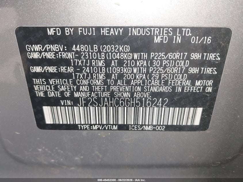 2016 Subaru Forester VIN JF2SJAHC6GH516242 IAAI salvage auction — NORMAL WEAR, Clear (Pennsylvania), sold $550 on 2026-07-17 (photo 9)