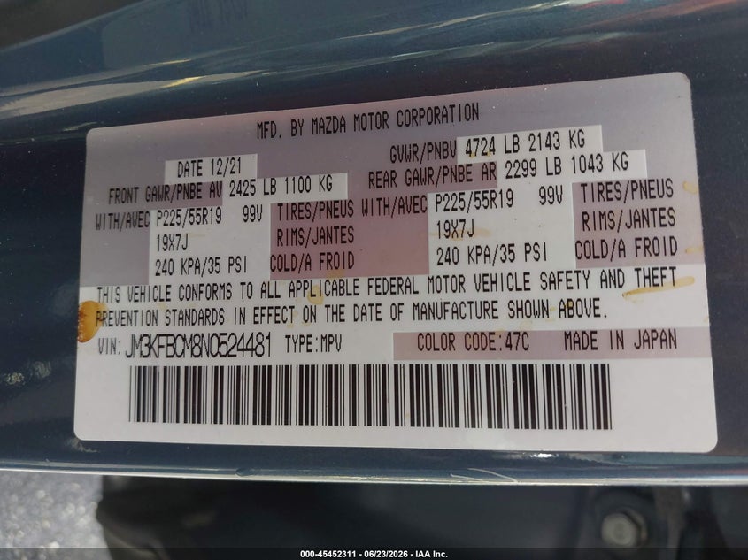 2022 Mazda Cx-5 VIN JM3KFBCM8N0524481 IAAI salvage auction — RIGHT SIDE, Rebuildable (Florida), sold $7,050 on 2026-07-23 (photo 9)