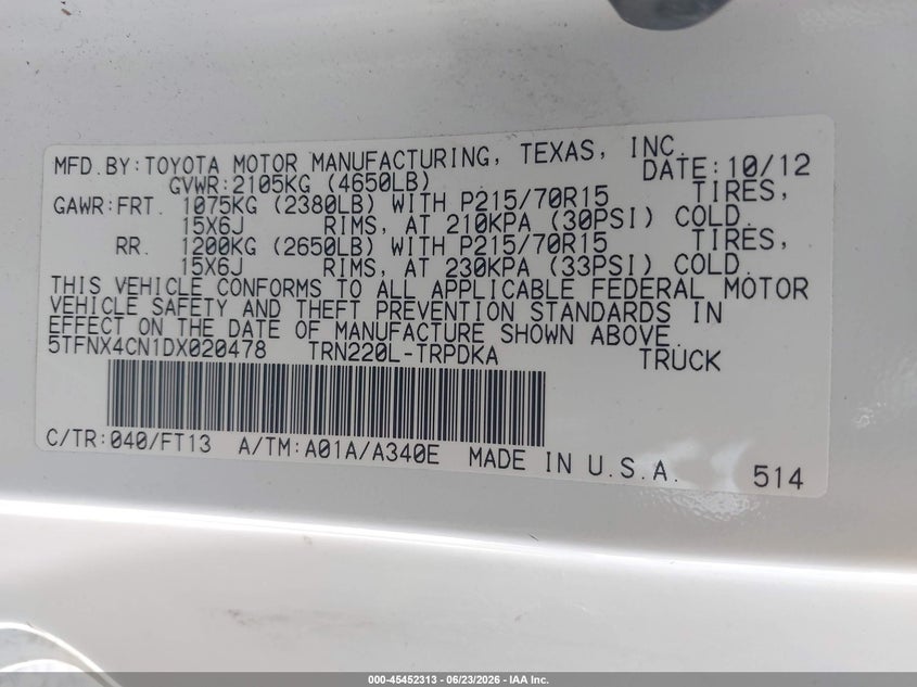 2013 Toyota Tacoma VIN 5TFNX4CN1DX020478 IAAI salvage auction — NORMAL WEAR, Original (Ohio), sold $2,650 on 2026-07-29 (photo 9)