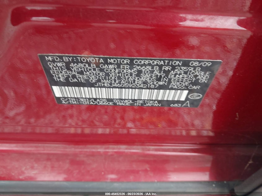 2009 Lexus Es 350 VIN JTHBJ46G592342187 IAAI salvage auction — REAR END, Clear (Virginia), sold $400 on 2026-07-14 (photo 9)