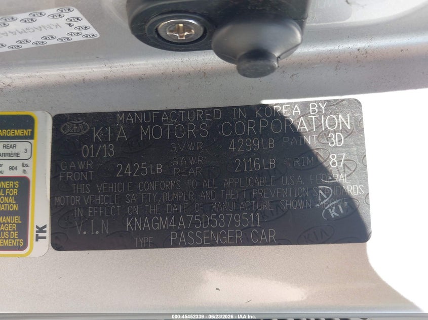 2013 Kia Optima VIN KNAGM4A75D5379511 IAAI salvage auction — RIGHT FRONT, Salvage (Pennsylvania), sold $850 on 2026-07-07 (photo 9)