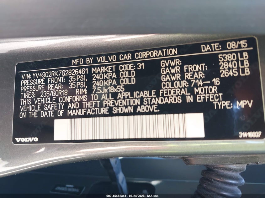 2016 Volvo Xc60 VIN YV4902RK7G2826461 IAAI salvage auction — LEFT SIDE, Salvage - Greater Than 75% (Maryland), sold $1,450 on 2026-07-28 (photo 9)