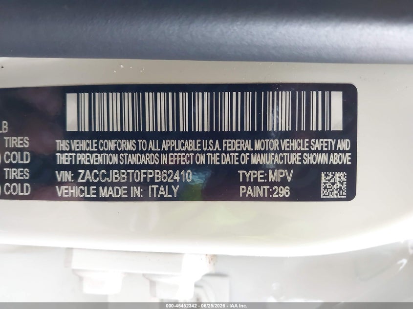2015 Jeep Renegade VIN ZACCJBBT0FPB62410 IAAI salvage auction — STORM DAMAGE, Salvage Title, sold $900 on 2026-08-04 (photo 9)