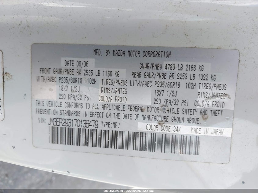 2007 Mazda Cx-7 VIN JM3ER293170136479 IAAI salvage auction — Burn Engine, Salvage (North Carolina), sold $275 on 2026-07-16 (photo 9)
