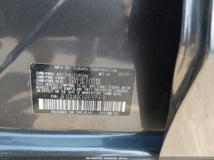 2024 Subaru Impreza VIN JF1GUABC6R8305636 IAAI salvage auction — FRONT END, Salvage Title, sold $3,100 on 2026-08-01 (photo 9)