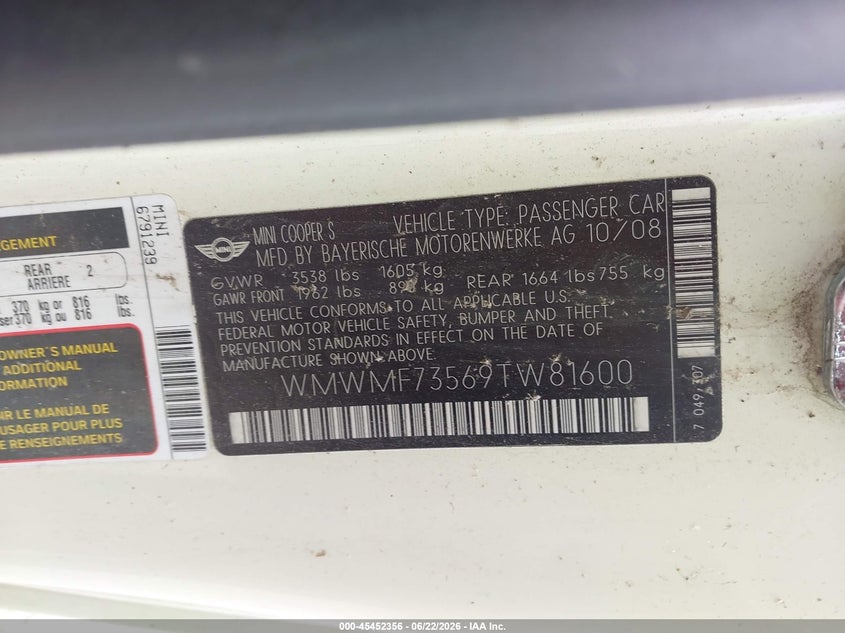 2009 Mini Cooper VIN WMWMF73569TW81600 IAAI salvage auction — NORMAL WEAR, Clear (Kansas), sold $575 on 2026-08-19 (photo 9)