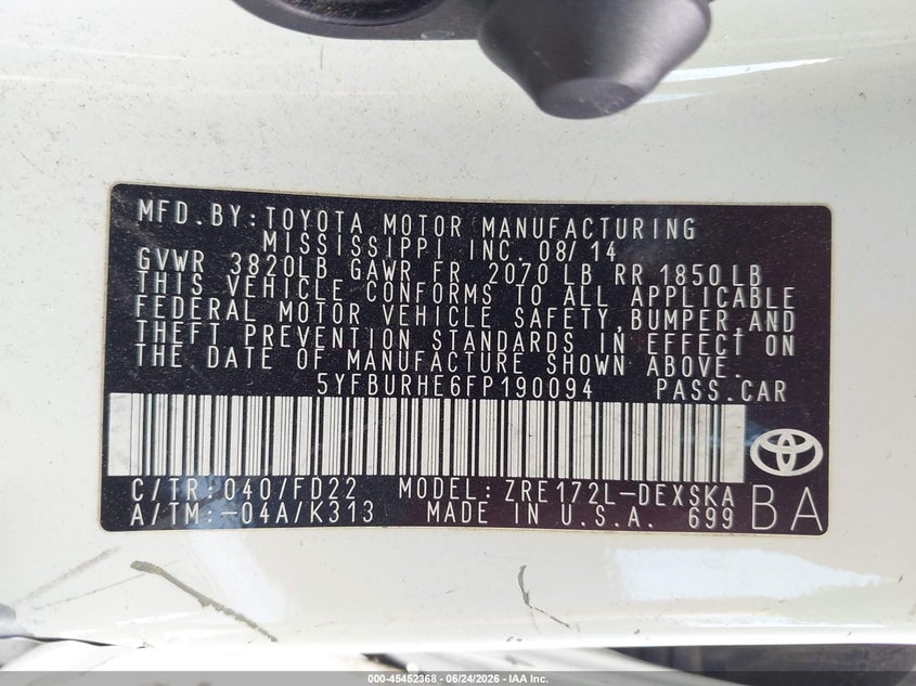2015 Toyota Corolla VIN 5YFBURHE6FP190094 IAAI salvage auction — LEFT SIDE, Salvage Title, sold $2,150 on 2026-07-28 (photo 9)