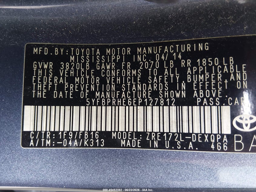 2014 Toyota Corolla VIN 5YFBPRHE6EP127812 IAAI salvage auction — FRONT END, Salvage Title, sold $25 on 2026-07-21 (photo 9)