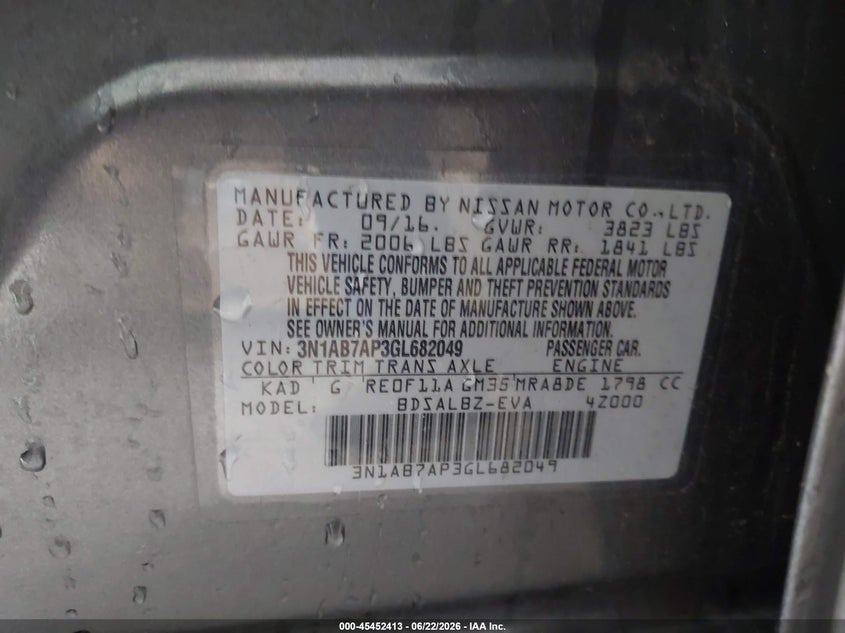 2016 Nissan Sentra VIN 3N1AB7AP3GL682049 IAAI salvage auction — UNKNOWN, Salvage (Pennsylvania), sold $1,425 on 2026-07-09 (photo 9)
