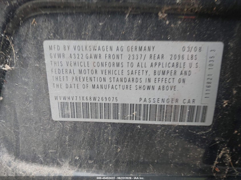2008 Volkswagen Gti VIN WVWHV71K68W269075 IAAI salvage auction — FRONT END, Clear (Kansas), sold $800 on 2026-08-19 (photo 9)