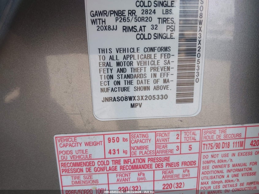 2003 Infiniti Fx35 VIN JNRAS08WX3X205330 IAAI salvage auction — NORMAL WEAR, Clear-Dealer Only (Arizona), sold $400 on 2026-07-28 (photo 9)