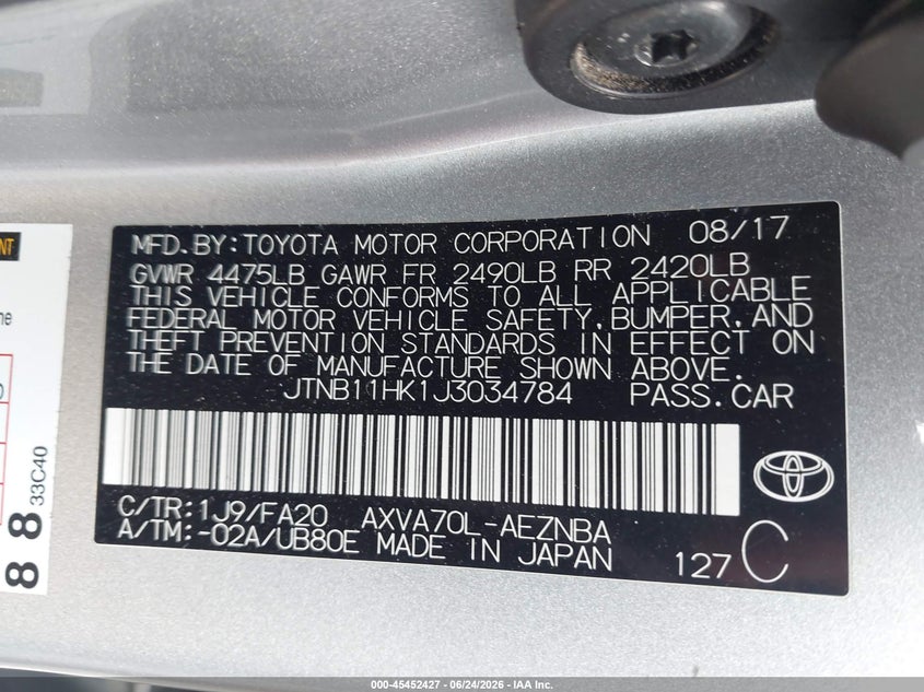 2018 Toyota Camry VIN JTNB11HK1J3034784 IAAI salvage auction — FRONT END, Clear (South Carolina), sold $3,550 on 2026-07-28 (photo 9)