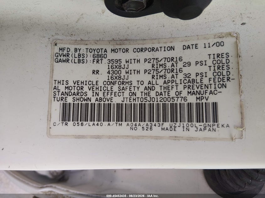 2001 Toyota Land cruiser VIN JTEHT05J012005776 IAAI salvage auction — FRONT END, Mv-907A (New York), sold $25 on 2026-07-29 (photo 9)