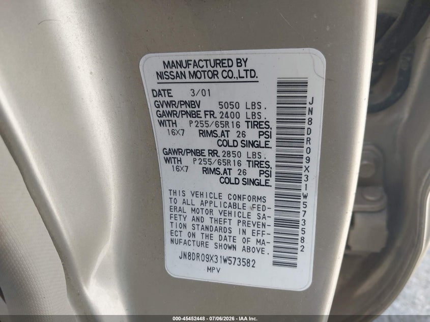 2001 Nissan Pathfinder VIN JN8DR09X31W573582 IAAI salvage auction — ROLLOVER, Non-Repairable (Texas), sold $175 on 2026-08-02 (photo 9)