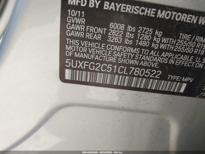 2012 BMW X6 VIN 5UXFG2C51CL780522 IAAI salvage auction — RIGHT FRONT, Clear (Michigan), sold $2,975 on 2026-07-30 (photo 9)