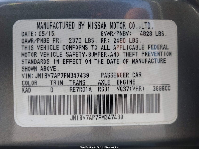 2015 Infiniti Q50 VIN JN1BV7AP7FM347439 IAAI salvage auction — REAR END, Salvage (Texas), sold $2,800 on 2026-07-09 (photo 9)