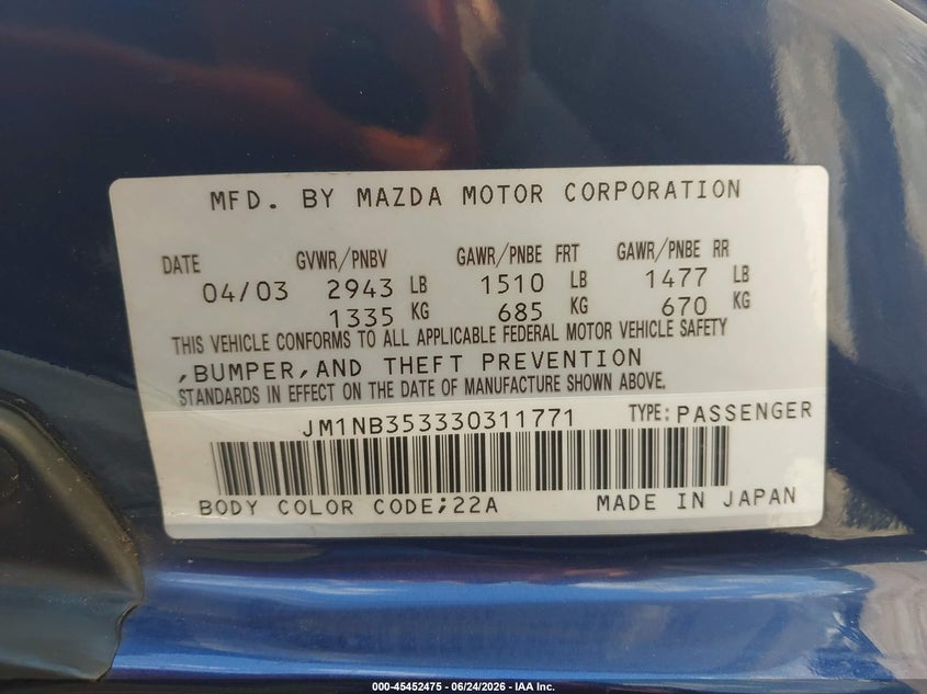 2003 Mazda Mx-5 miata VIN JM1NB353330311771 IAAI salvage auction — RIGHT FRONT, Salvage (Tennessee), sold $800 on 2026-07-16 (photo 9)
