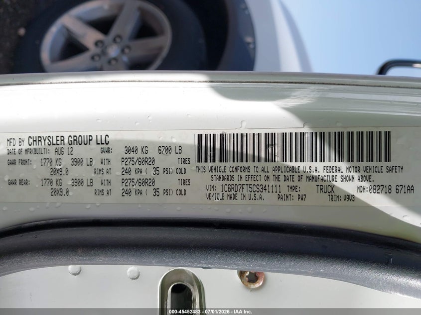 2012 Ram 1500 VIN 1C6RD7FT5CS341111 IAAI salvage auction — REAR END, Salvage (Ohio), sold $2,500 on 2026-07-29 (photo 9)
