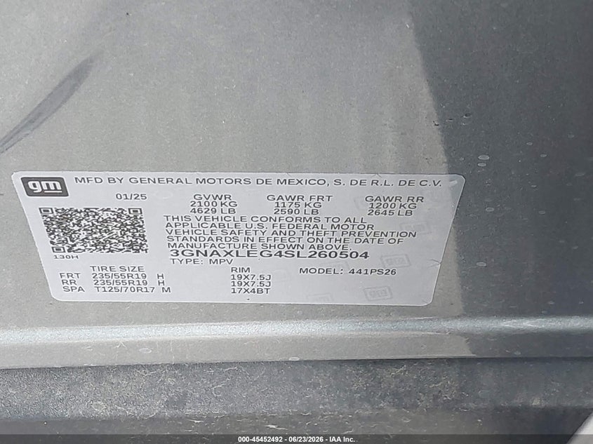 2025 Chevrolet Equinox VIN 3GNAXLEG4SL260504 IAAI salvage auction — FRONT END, Salvage Title, sold $10,600 on 2026-07-30 (photo 9)