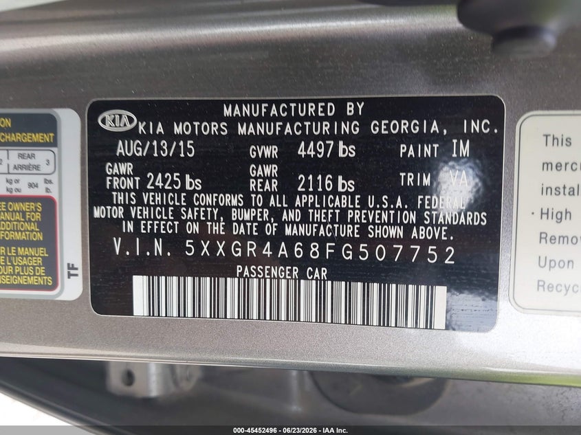 2015 Kia Optima VIN 5XXGR4A68FG507752 IAAI salvage auction — FRONT END, Salvage (Texas), sold $525 on 2026-07-28 (photo 9)