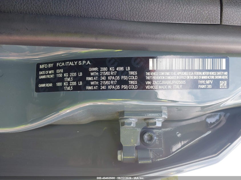 2018 Jeep Renegade VIN ZACCJBAB6JPH25605 IAAI salvage auction — REAR END, Salvage Title, sold $1,800 on 2026-08-19 (photo 9)