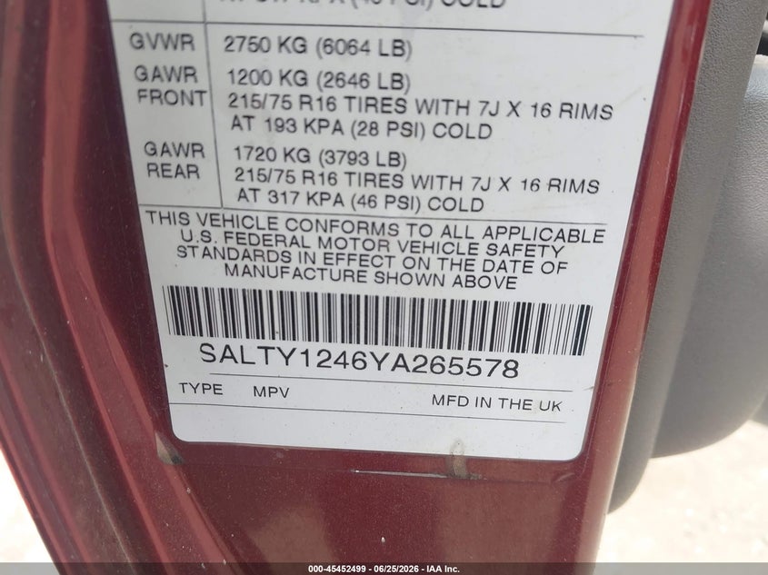 2000 Land rover Discovery VIN SALTY1246YA265578 IAAI salvage auction — NORMAL WEAR, Original (Ohio), sold $300 on 2026-07-21 (photo 9)