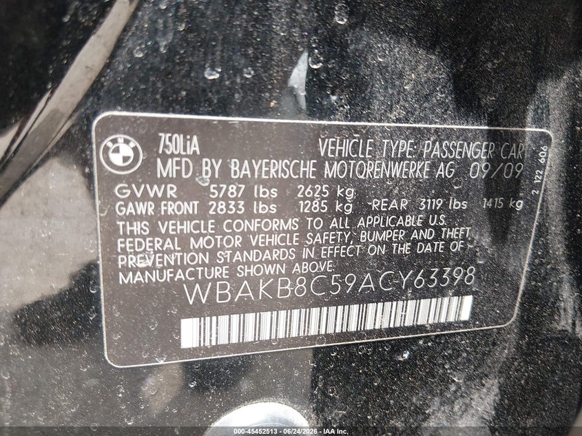 2010 BMW 7 series VIN WBAKB8C59ACY63398 IAAI salvage auction — WATER/FLOOD, Salvage (Texas), sold $800 on 2026-07-28 (photo 9)