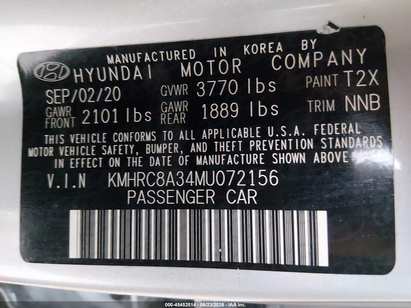 2021 Hyundai Venue VIN KMHRC8A34MU072156 IAAI salvage auction — FRONT END, Salvage Title, sold $2,750 on 2026-08-01 (photo 9)