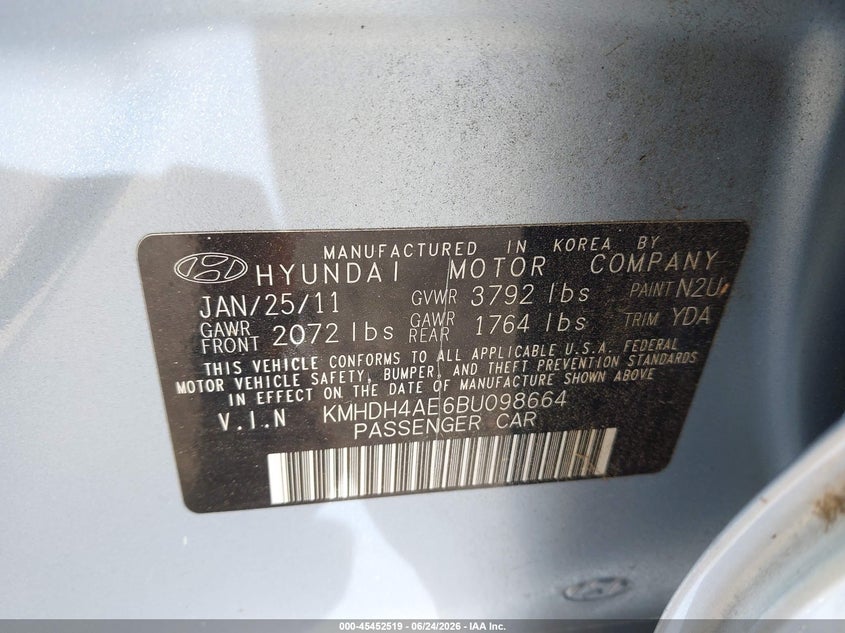 2011 Hyundai Elantra VIN KMHDH4AE6BU098664 IAAI salvage auction — RIGHT SIDE, Clear (Virginia), sold $1,050 on 2026-07-17 (photo 9)