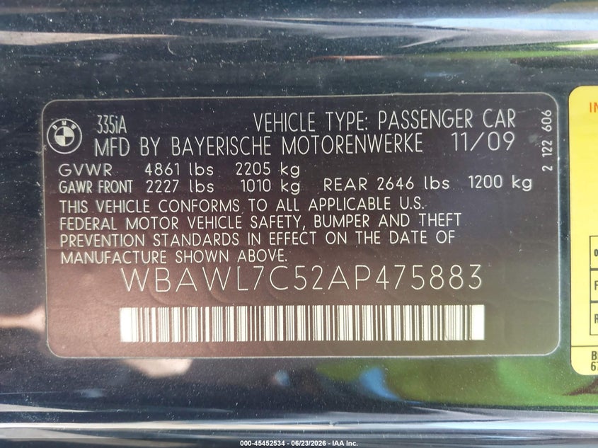 2010 BMW 3er VIN WBAWL7C52AP475883 IAAI salvage auction — SIDE, Salvage (Ohio), sold $1,650 on 2026-07-17 (photo 9)