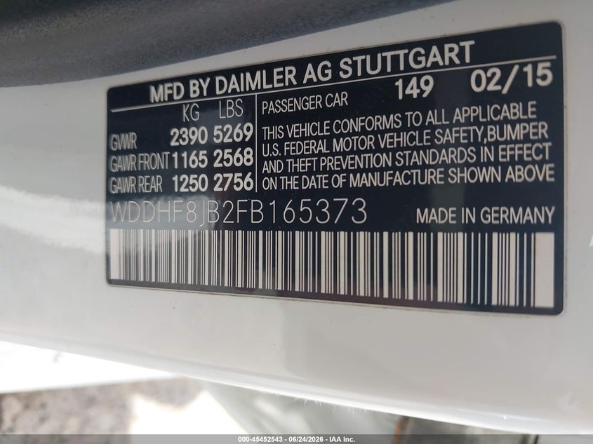2015 Mercedes-benz E-klasse VIN WDDHF8JB2FB165373 IAAI salvage auction — RIGHT REAR, Mv-907A (New York), sold $2,300 on 2026-07-30 (photo 9)