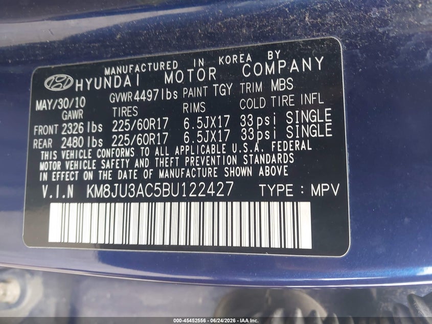 2011 Hyundai Tucson VIN KM8JU3AC5BU122427 IAAI salvage auction — NORMAL WEAR, Clear (Arkansas), sold $725 on 2026-07-22 (photo 9)