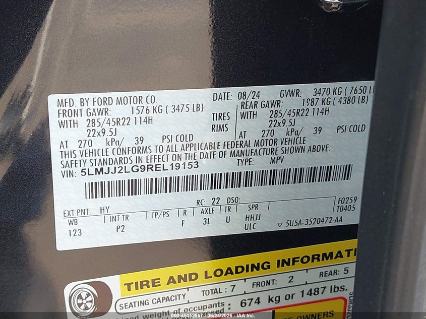 2024 Lincoln Navigator VIN 5LMJJ2LG9REL19153 IAAI salvage auction — ROLLOVER, Salvage Title, sold $11,600 on 2026-07-24 (photo 9)