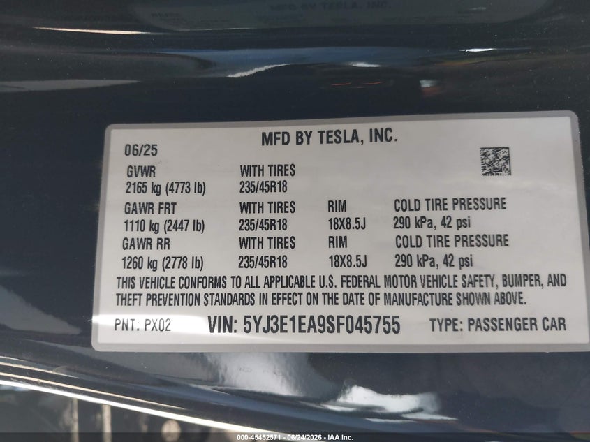 2025 Tesla Model 3 VIN 5YJ3E1EA9SF045755 IAAI salvage auction — FRONT END, Salvage Title, sold $13,050 on 2026-07-15 (photo 9)