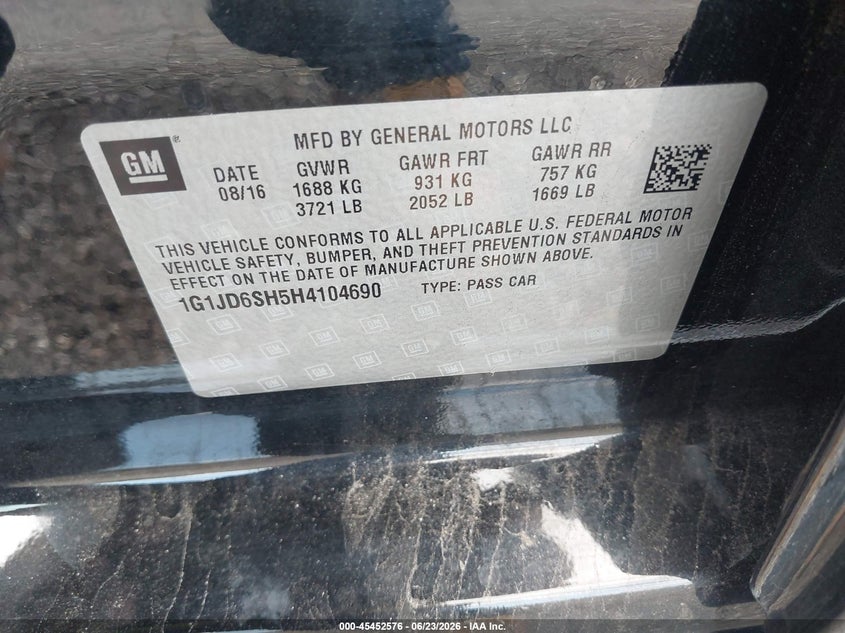 2017 Chevrolet SONIC VIN 1G1JD6SH5H4104690 IAAI salvage auction — MECHANICAL, Clear (South Carolina), sold $975 on 2026-07-30 (photo 9)