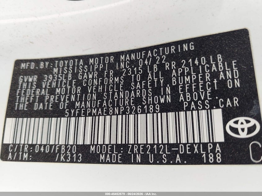 2022 Toyota Corolla VIN 5YFEPMAE8NP326189 IAAI salvage auction — REAR END, Salvage (Texas), sold $4,475 on 2026-07-22 (photo 9)