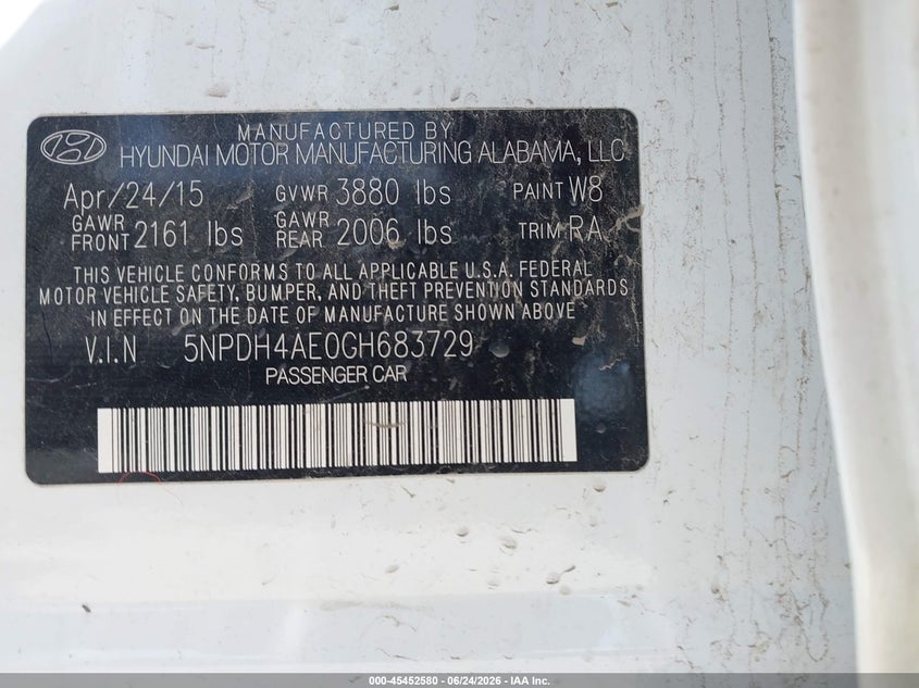 2016 Hyundai Elantra VIN 5NPDH4AE0GH683729 IAAI salvage auction — FRONT END, Original (Texas), sold $2,550 on 2026-08-03 (photo 9)