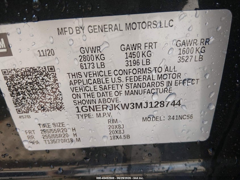 2021 Chevrolet Traverse VIN 1GNERJKW3MJ128744 IAAI salvage auction — FRONT & REAR, Salvage (Arkansas), sold $7,775 on 2026-07-29 (photo 9)