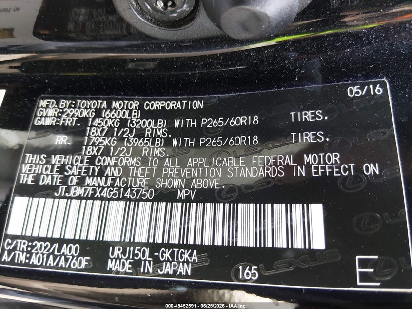 2016 Lexus Gx VIN JTJBM7FX4G5143750 IAAI salvage auction — HAIL, Salvage (Ohio), sold $14,000 on 2026-07-07 (photo 9)