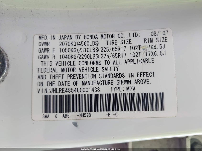 2008 Honda Cr-v VIN JHLRE48548C001438 IAAI salvage auction — FRONT END, Salvage (New Jersey), sold $1,450 on 2026-08-02 (photo 9)