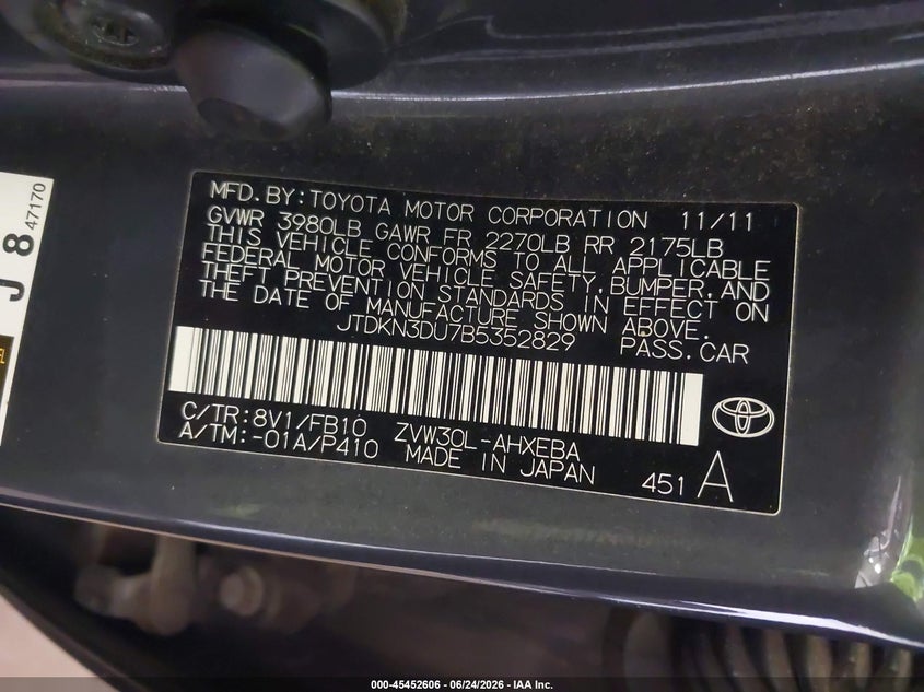 2011 Toyota Prius VIN JTDKN3DU7B5352829 IAAI salvage auction — NORMAL WEAR, Clear (Florida), sold $450 on 2026-07-22 (photo 9)