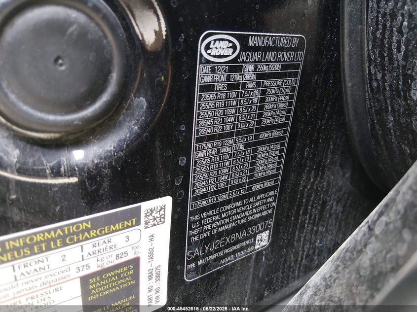 2022 Land rover Range rover velar VIN SALYJ2EX8NA330075 IAAI salvage auction — REAR END, Salvage (Kansas), sold $17,600 on 2026-08-23 (photo 9)