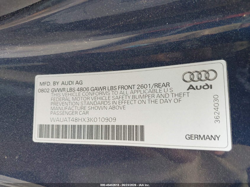 2003 Audi A4 VIN WAUAT48HX3K010909 IAAI salvage auction — NORMAL WEAR, Clear (Georgia), sold $400 on 2026-07-28 (photo 9)