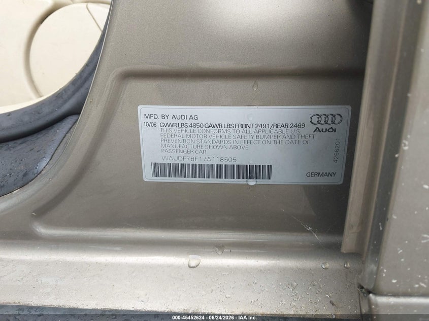 2007 Audi A4 VIN WAUDF78E17A118505 IAAI salvage auction — REAR END, Junk Bill Of Sale Mv2459 (Wisconsin), sold $25 on 2026-07-23 (photo 9)