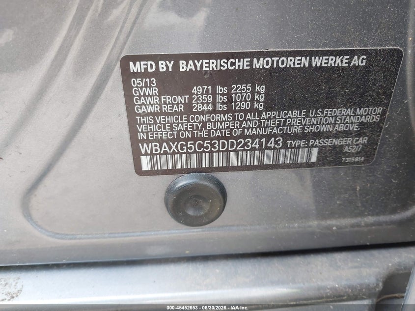 2013 BMW 5er VIN WBAXG5C53DD234143 IAAI salvage auction — REPOSSESSION, Salvage Title, sold $525 on 2026-07-20 (photo 9)