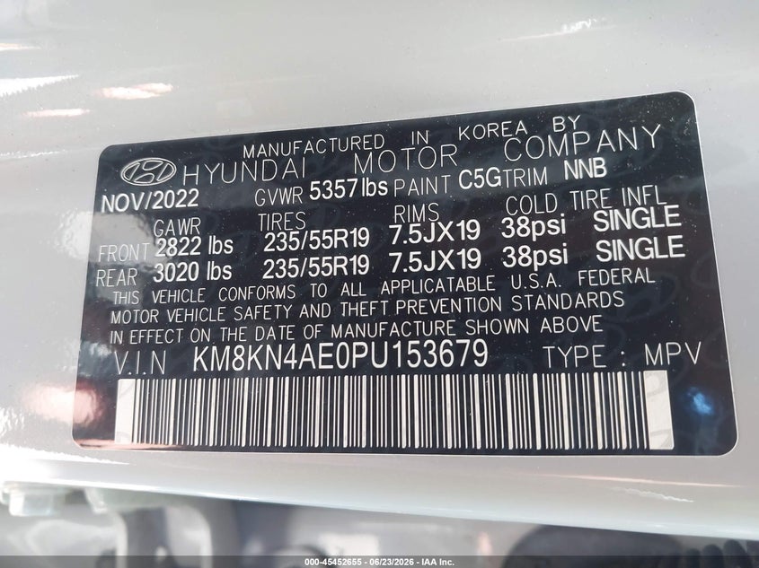 2023 Hyundai Ioniq 5 VIN KM8KN4AE0PU153679 IAAI salvage auction — FRONT & REAR, Salvage (Ohio), sold $7,500 on 2026-07-16 (photo 9)