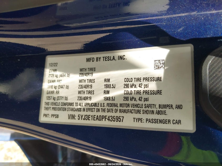 2023 Tesla Model 3 VIN 5YJ3E1EA0PF435957 IAAI salvage auction — UNDERCARRIAGE, Salvage Title, sold $7,400 on 2026-07-24 (photo 9)