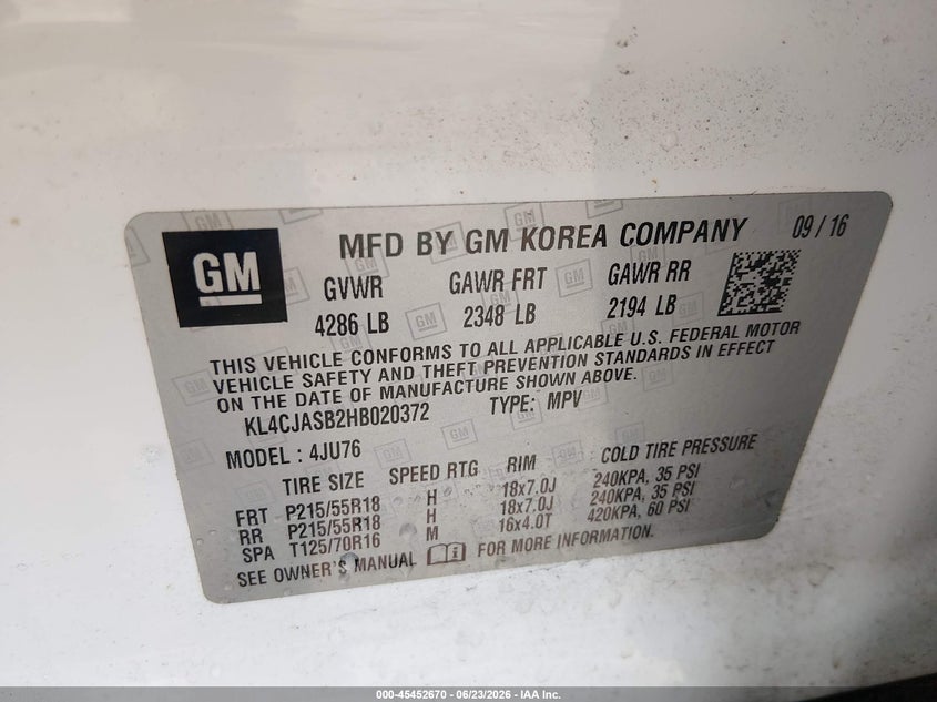 2017 Buick Encore VIN KL4CJASB2HB020372 IAAI salvage auction — RIGHT FRONT, Salvage Title, sold $950 on 2026-07-22 (photo 9)